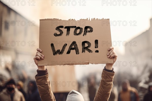 Person in protest crowd holding up sign saying 'Stop war'. KI generiert, generiert AI generated