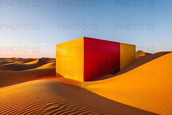 Architectural minimalism capturing intersecting yellow and red walls build in sand dunes, AI generated
