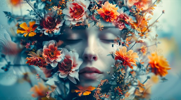Surreal portrait of a woman with a crown of dreamlike flowers, ai generated, AI generated
