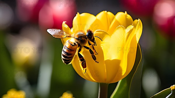 Bee alights on vibrant yellow tulip, AI generated