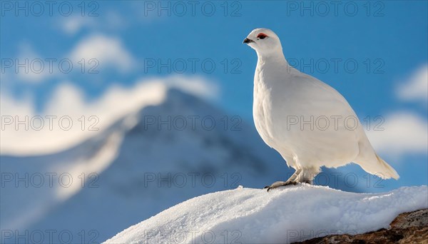 KI generated, A rock ptarmigan foraging in winter, white plumage, (Lagos muta), pheasants