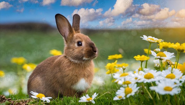 KI generated, A colourful dwarf rabbit in a meadow with white and yellow flowers, spring, side view, (Brachylagus idahoensis)