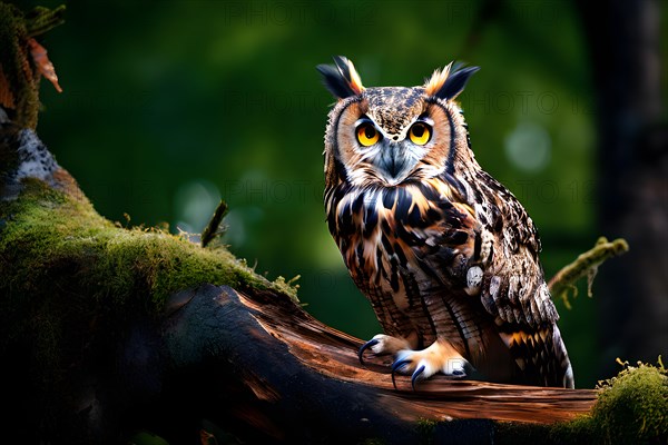 European eagle owl large piercing eyes on a branch, AI generated