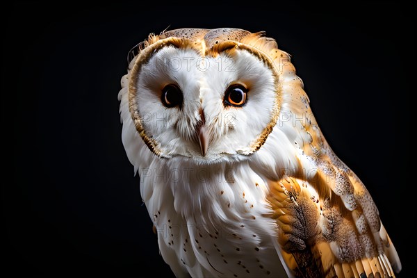 Barn owl body viewed from the side head tilted isolated from background, AI generated