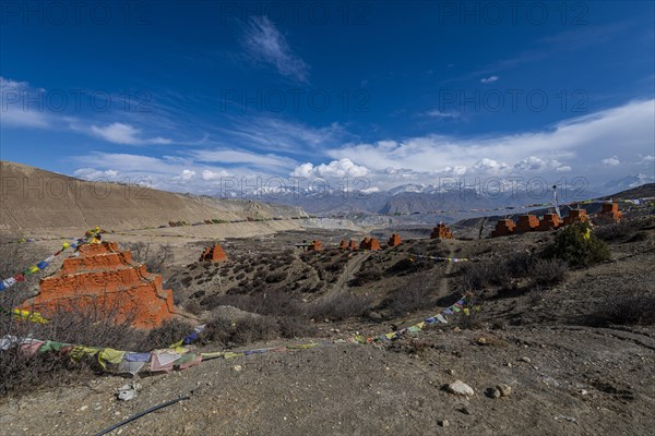 Colourfully painted Buddhist stupa, Ghar Gumba monastery, Kingdom of Mustang, Nepal, Asia