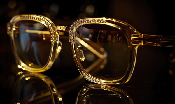 Designer sunglasses with rhinestone-embellished frames under warm, glowing light AI generated