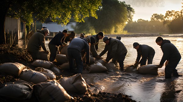 Riverside community banding together filling sandbags in the face of rising floodwaters, AI generated