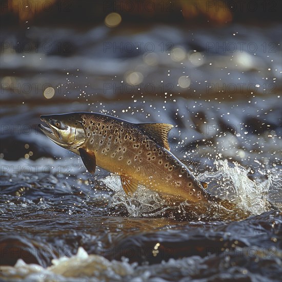 Salmon (Salmo salar) on the migration and swim up a stream in shallow, clear water, ai generiert, AI generated