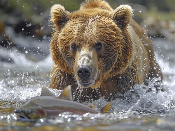 A brown bear hunts salmon in shallow clear water, AI generated