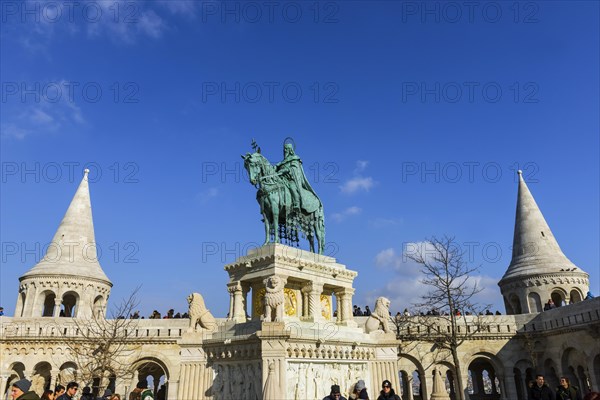 St Stephen in the Fisherman's Bastion, travel, city trip, tourism, Eastern Europe, architecture, building, monument, history, historical, attraction, sightseeing, horseman, equestrian monument, building, religion, capital, Budapest, Hungary, Europe