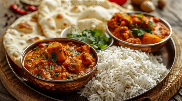 A spread of Indian curry dishes with basmati rice and naan bread, ai generated, AI generated