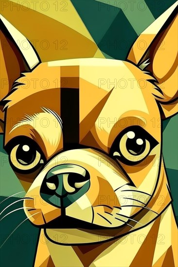 A stylized geometric cubist illustration of a chihuahua dog with green and yellow tones, vertical aspect, AI generated