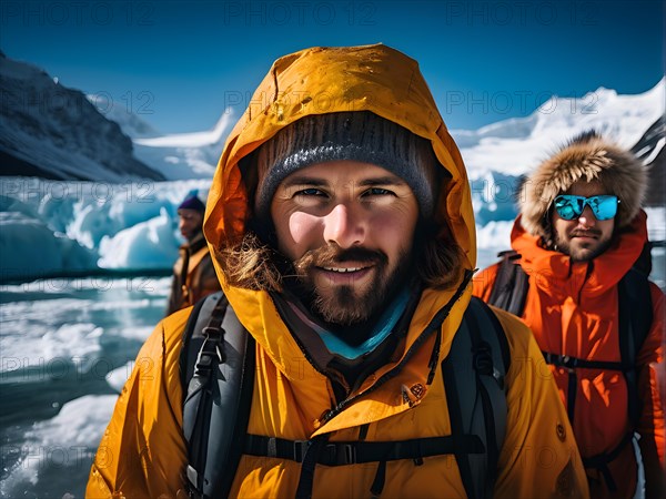 Tourists clad in vivid cold weather attire exploring the melting glaciers their expressions, AI generated