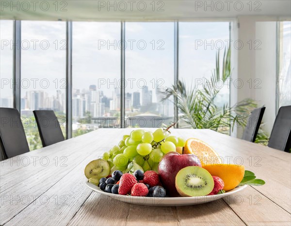 Modern office with a long table and a fruit bowl, large windows with a view of the city, AI generated, AI generated