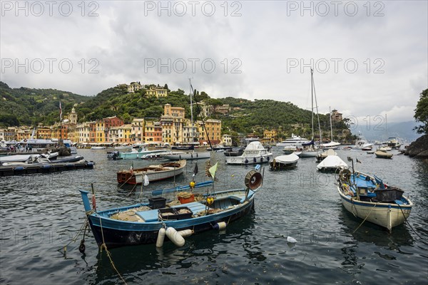 Village with colourful houses and harbour by the sea, Portofino, Province of Genoa, Liguria, Italy, Europe