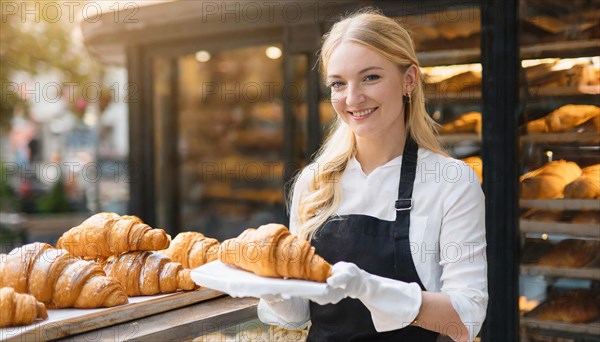 KI generated, woman, 20, 25, years, shows, bakery, bakery shop, baquette, white bread, croissant, France, Paris, Europe