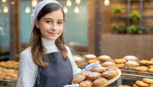 Ai generated, woman, 20, 25, years, shows, bakery, bakery shop, baquette, biscuits, white bread, France, Paris, Europe