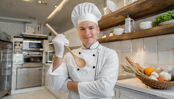 AI generated, portrait, an attractive chef in the kitchen of a hotel