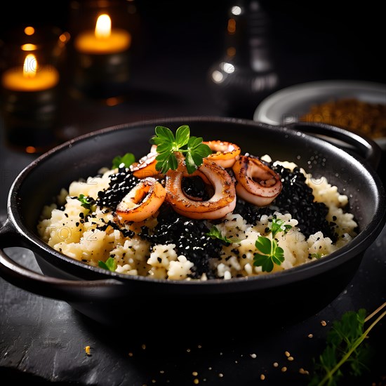 Risotto al nero di seppia creamy rice blackened with squid ink gourmet culinary delight, AI generated