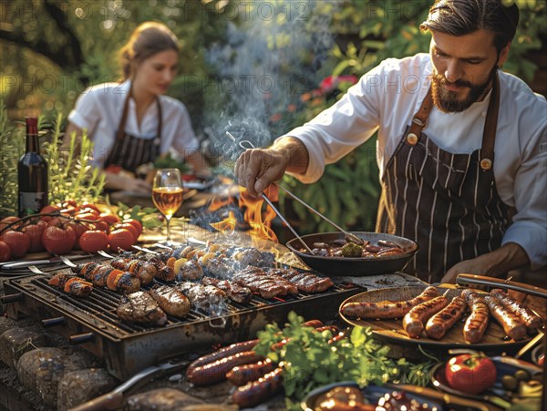 Barbecue party, guests with glasses in their hands stand around a chef who is grilling sausages and steaks, AI generated