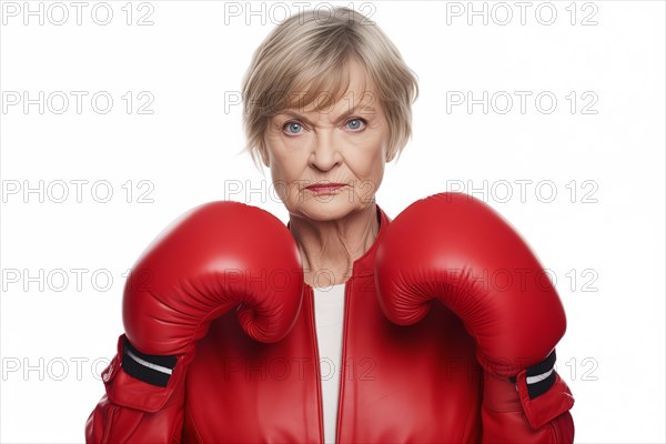 An older woman with boxing gloves looks confidently and resolutely into the camera, symbolic image for self-defence at an advanced age, AI generated, AI generated, AI generated