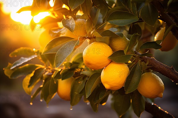 Lemon fruits groping on tree with beautiful sunset sun in background. KI generiert, generiert AI generated