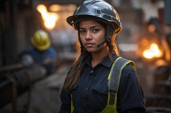 Mixed-race young Female worker in focus, dressed in protective gear, with a dynamic industrial atmosphere, blurry selective focus background, bokeh, AI generated