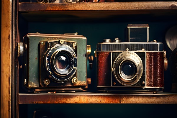 Vintage classic cameras peeling paint rust textures placed on sleek shelf, AI generated