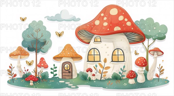Storybook style illustration of a whimsical mushroom house in a lush forest with butterflies, ai generated, AI generated