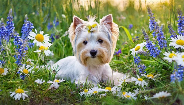 KI generated, A white Yorkshire Terrier lying in a flower meadow, (Canis lupus familiaris)