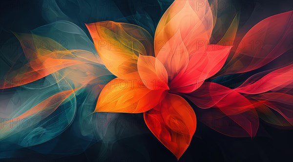 Vibrant abstract digital art of a flower with flowing shapes in red, orange, and blue, ai generated, AI generated
