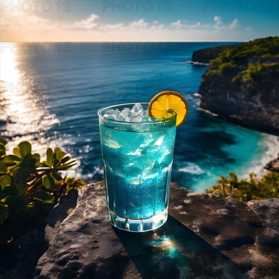 Tall glass of icy blue curaao cocktail on cliff side bar overlooking crystal clear ocea, AI generated