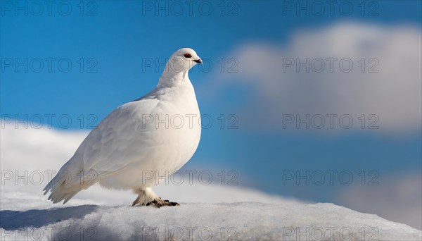 KI generated, A rock ptarmigan foraging in winter, white plumage, (Lagos muta), pheasants