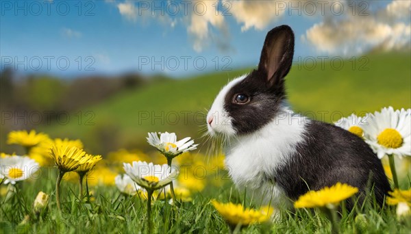 KI generated, A black and white dwarf rabbit in a meadow with white and yellow flowers, spring, side view, (Brachylagus idahoensis)