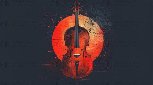 A stylized abstract violin against a dark backdrop with red circular and splatter elements, ai generated, AI generated