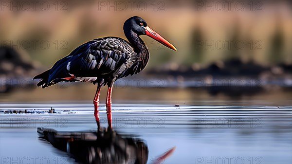 Black stork standing still in calm water reflection mirrored, AI generated