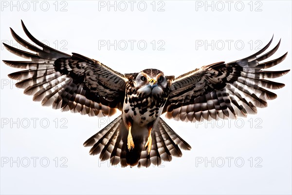 European nightjar caught mid flight wings fully extended isolated on pure white background, AI generated