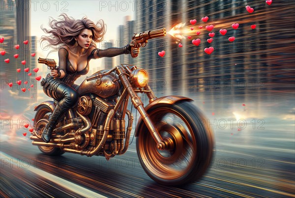 A powerful depiction of a modern angel woman shooting heart shaped bullets while speeding and riding a custom steampunk motorcycle surrounded by hearts, AI generated