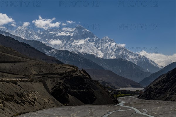 Huge riverbed before the Annapurna mountain range, Kingdom of Mustang, Nepal, Asia