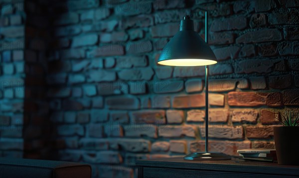 A desk lamp creates a focused light in a moody setting with books and a dark blue ambient light AI generated