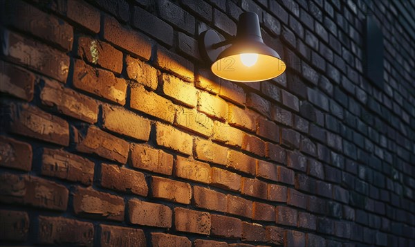 Warm light of a lamp casting shadows and highlighting the texture of a brick wall AI generated