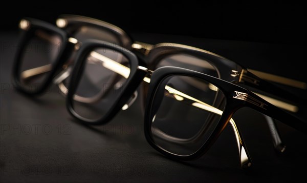 Elegant black eyeglasses with gold trim, focused and clear against a dark background AI generated