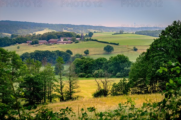 View of a peaceful rural scenery with a farm surrounded by hills and meadows, Windrather Tal, Langenberg, Velbert, Mettmann, North Rhine-Westphalia