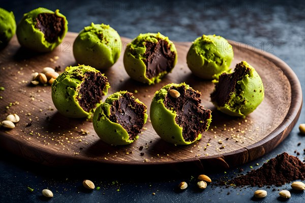 Vegan dark chocolate and almond truffles cocoa powder dusting nestled in crushed pistachios, AI generated