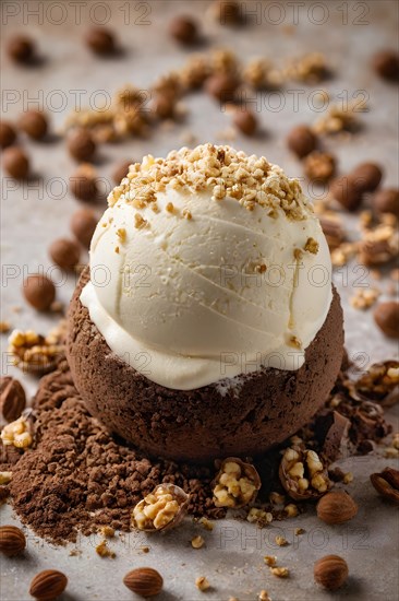 Decadent chocolate ice cream truffle coated in crushed hazelnuts and cocoa powder, AI generated