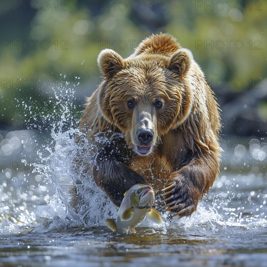 A brown bear hunts salmon in shallow clear water, AI generated