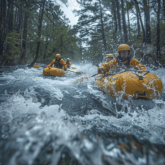 Whitewater riders ride boats through rapids, AI generated