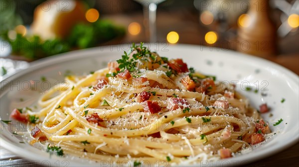 Classic Italian spaghetti carbonara garnished with parmesan cheese, crispy bacon, and herbs, ai generated, AI generated