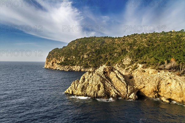 Rugged cliffs with greenery overlooking calm blue ocean under a partly cloudy sky, Peguera, Mallorca