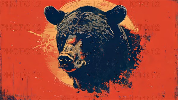 Close-up of a bear's silhouette over a rough, red and orange splattered backdrop, ai generated, AI generated